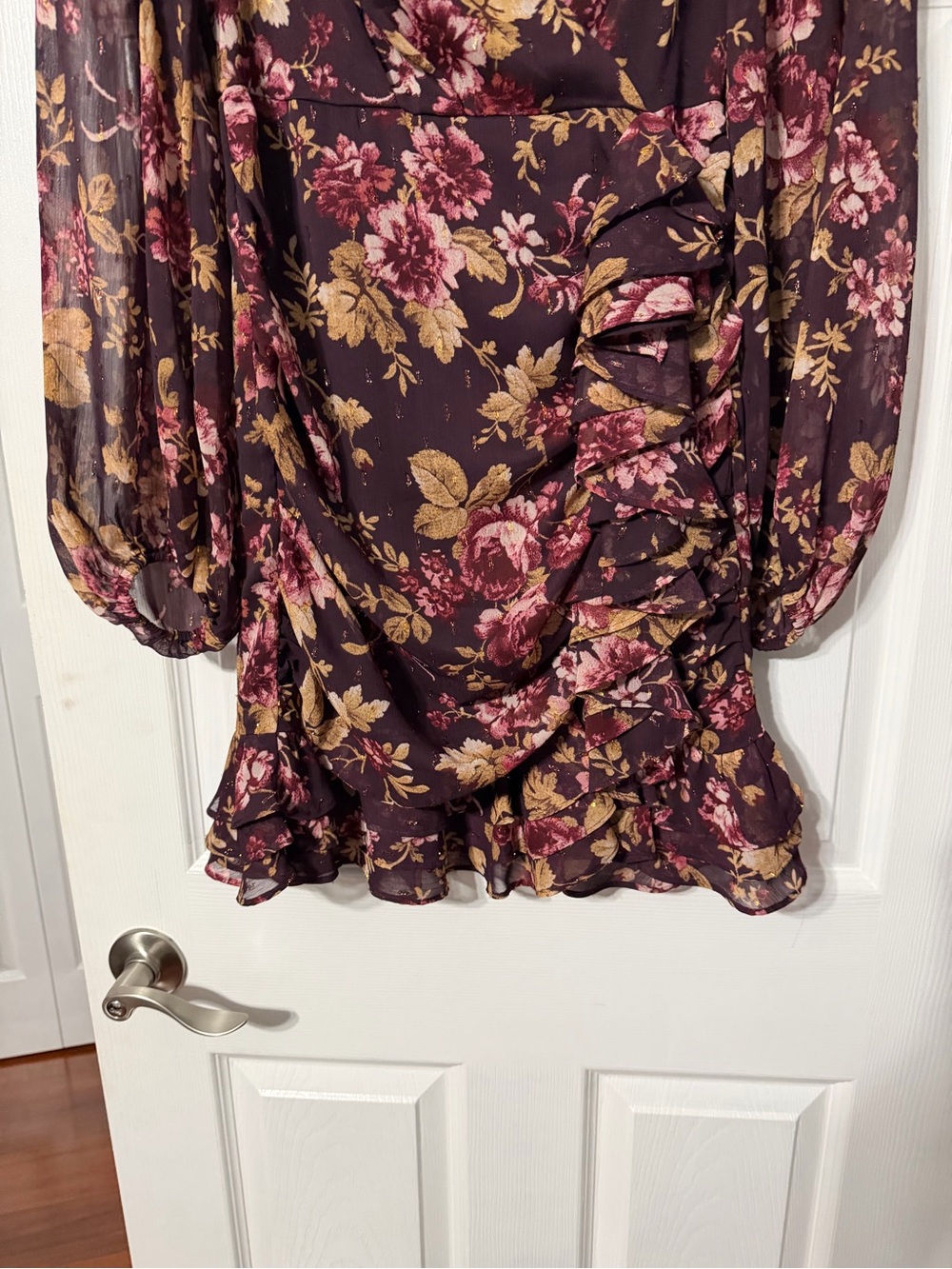 Express Burgundy Floral Wrap-Style/Gathered Mini Dress - Picture 3 of 16